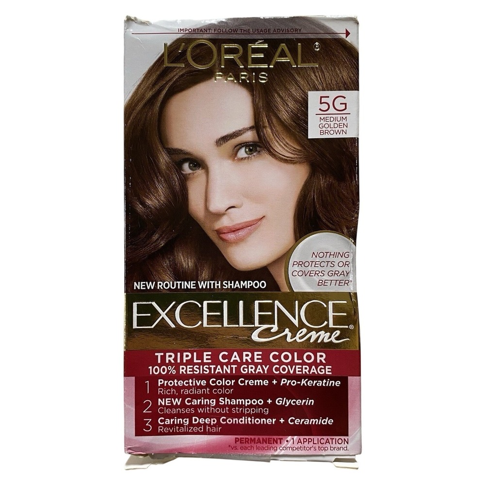 L'Oreal Excellence Creme Permanent Hair Color 5G Medium Golden Brown, 1‎ Kit NEW